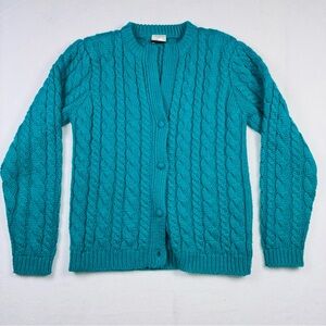 John Bull Vtg Hand Loomed Cable Knit Cardigan Sweater Women's Medium Turquoise